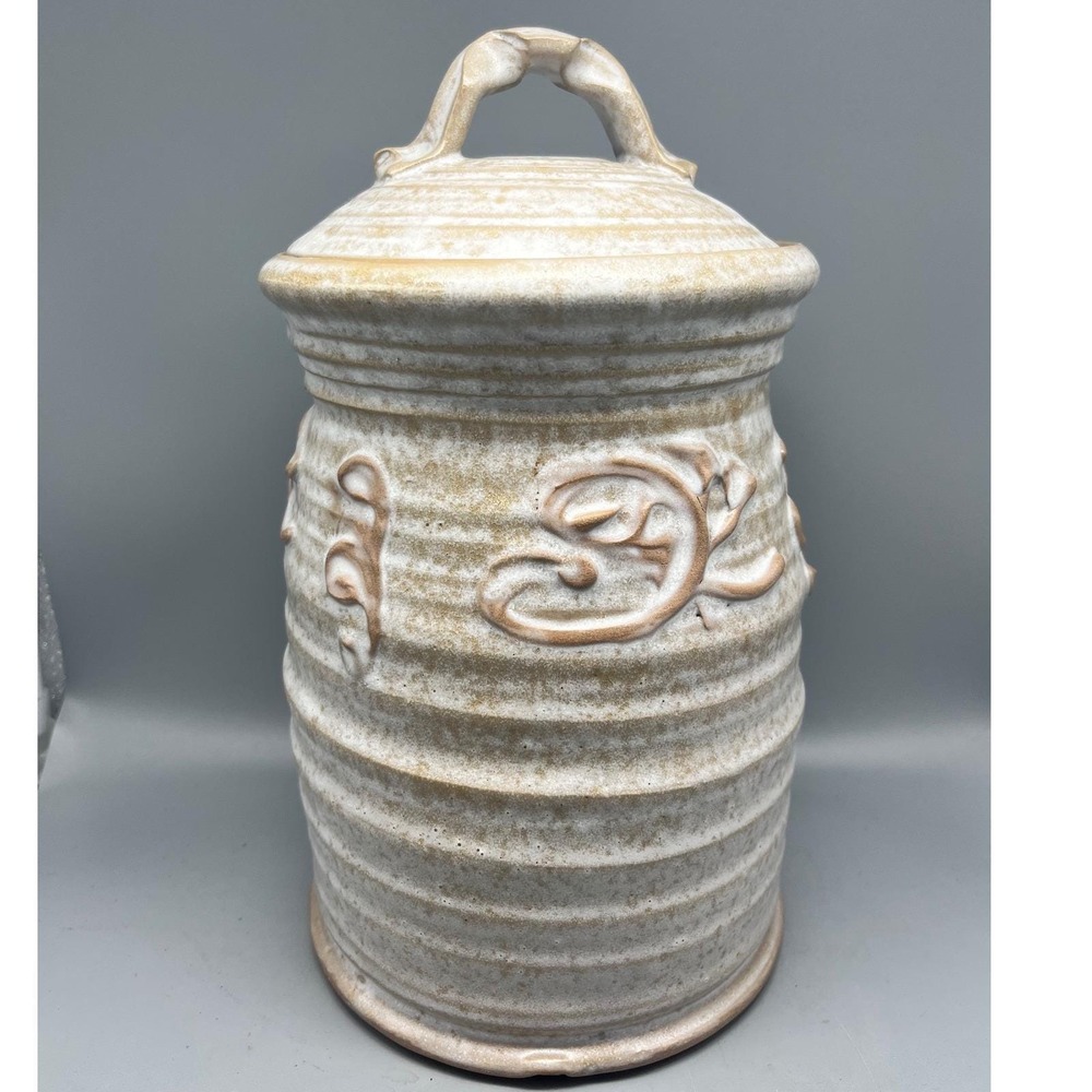 Vintage Storage Jar Canister /Lid Embossed Floral Design Rustic Kitchen pottery